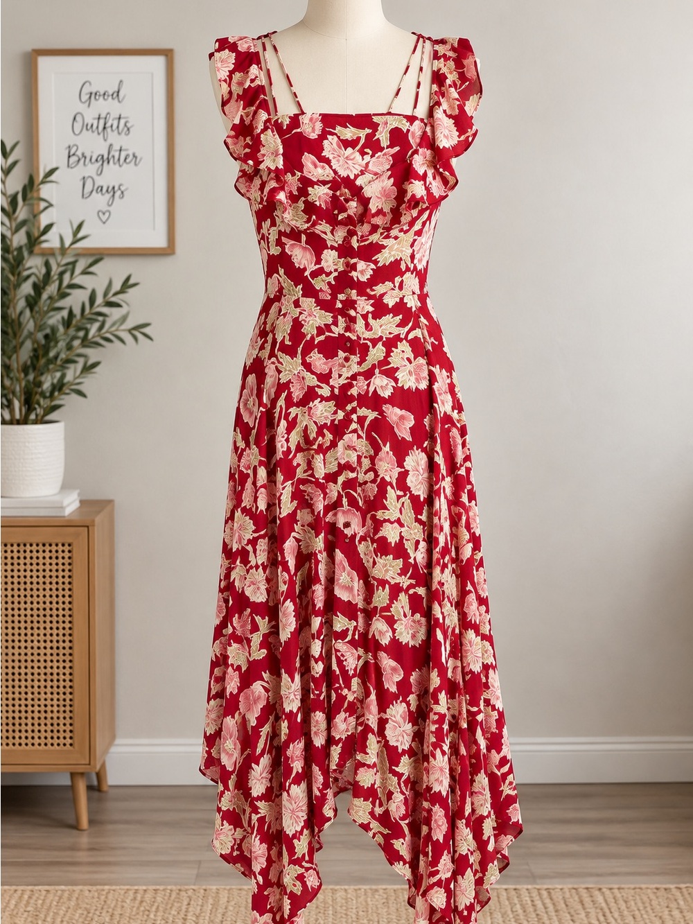 Topshop Red Floral Asymmetrical Midi Dress